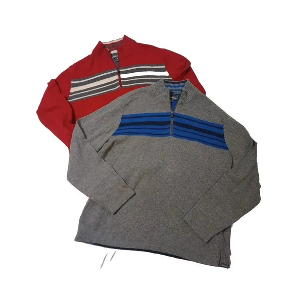 Eddie Bauer Wool Blend 1/4 Zip Sweater Mock Neck Sz XL Set Red Gray Stripe - Picture 1 of 8
